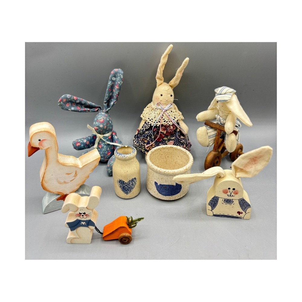 Vintage Primitive Country Cottage Decor Lot Bunnies Goose Stoneware Folk Art 8pc